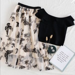3D Butterfly Double-Layered Mesh Midi Skirt